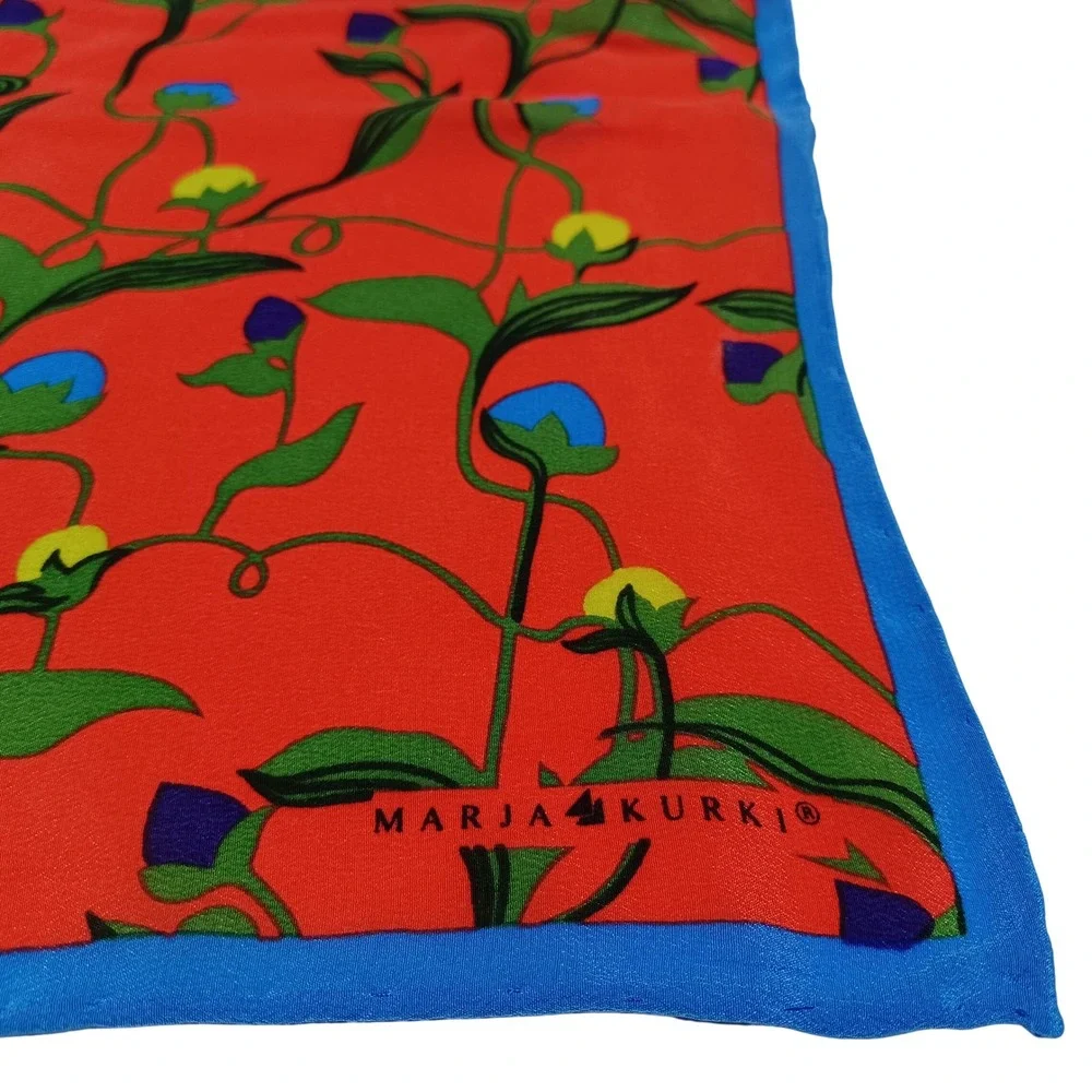 Marja Kurki Womens Silk Scarf 35x35 Orange Blue Floral Botanical Artsy Statement